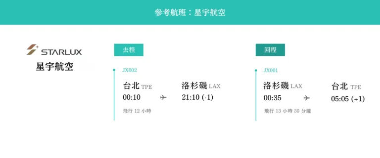 美西9日 參考航班
